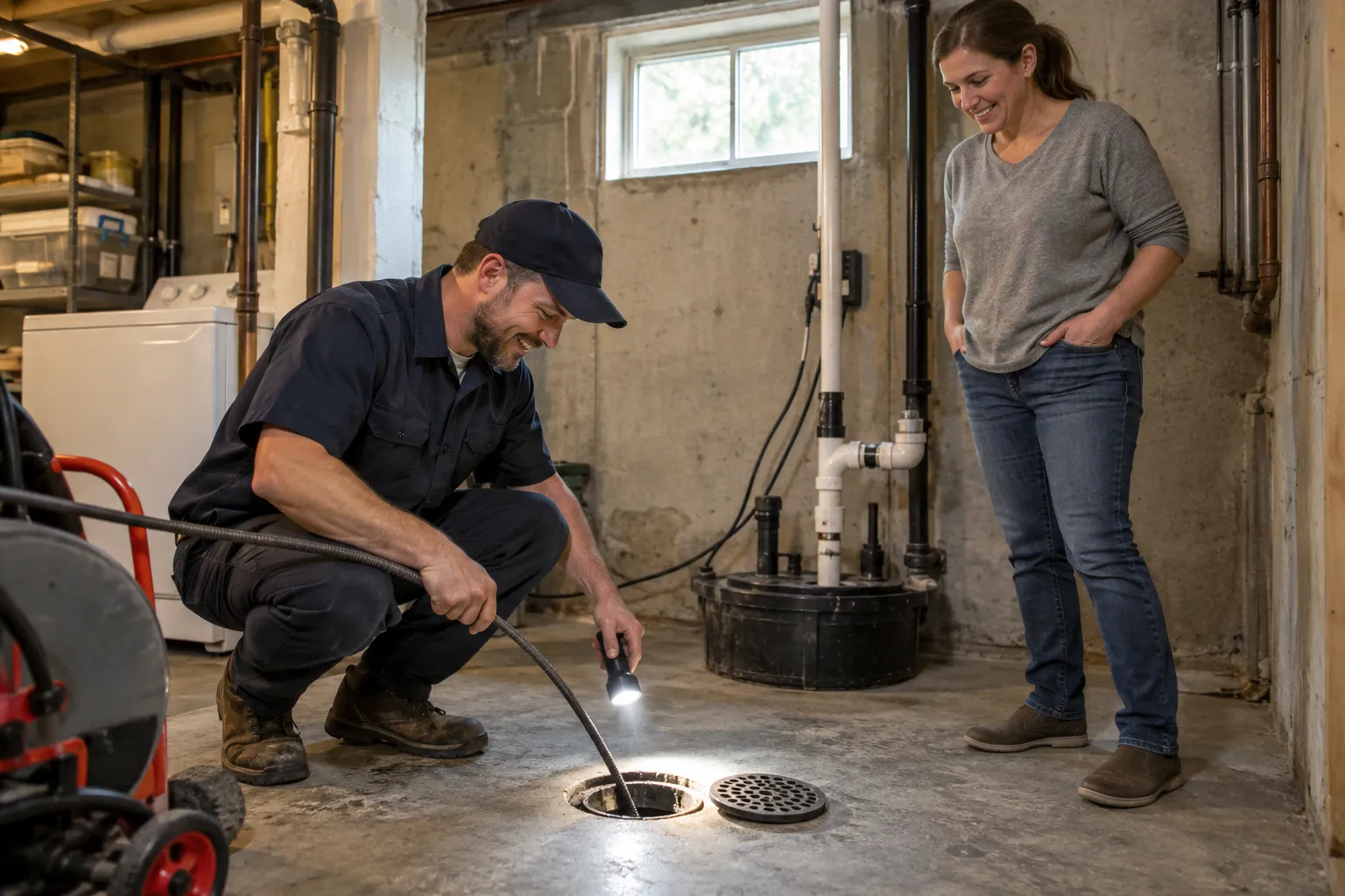 A provider checking a basement drain for a homeowner in the Indianapolis city area