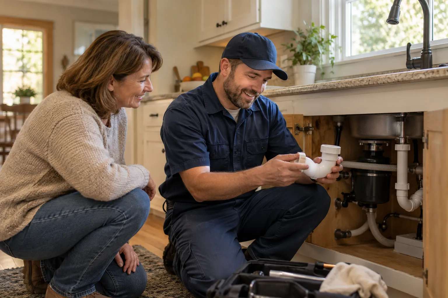 A calm homeowner talking with a plumbing provider in a Indianapolis city kitchen