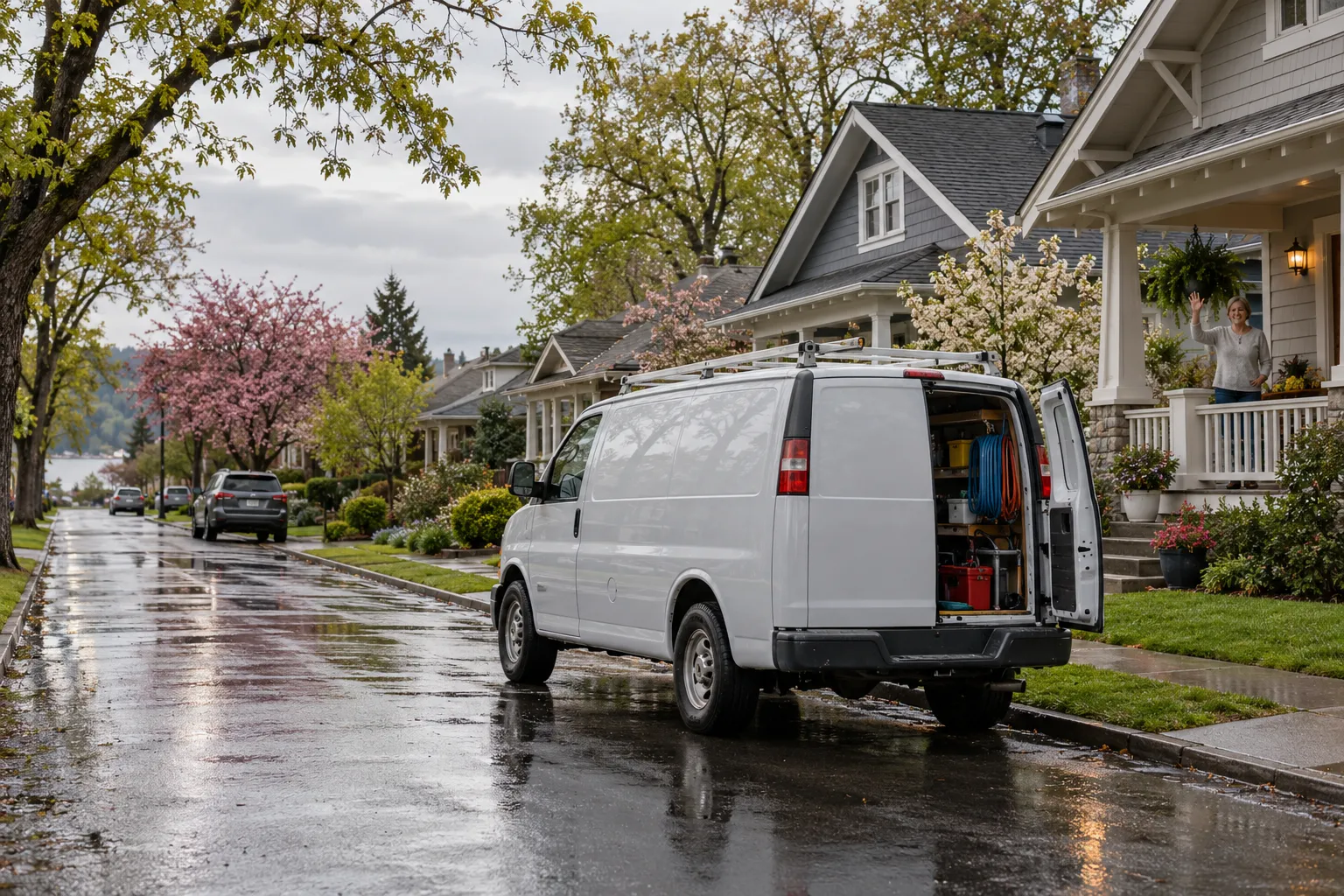 A quiet street of older homes in Indianapolis city after a spring storm